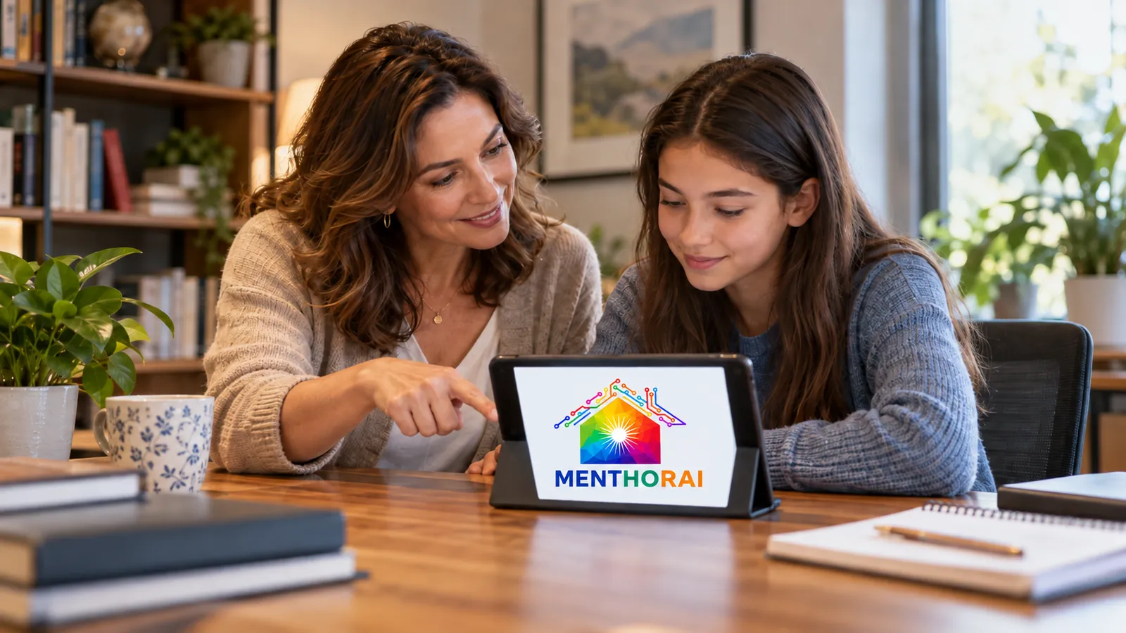 Una professionista e una studentessa studiano insieme su un tablet con MENTHORAI